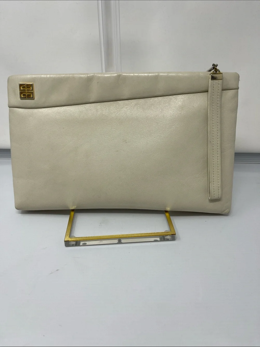 Givenchy Cream Leather wristlet Clutch with Gold Logo